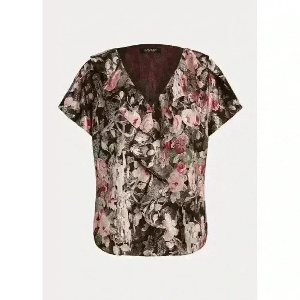 NEW! Lauren Ralph Lauren Women's S Floral Metallic Jacquard Blouse NWT $165
